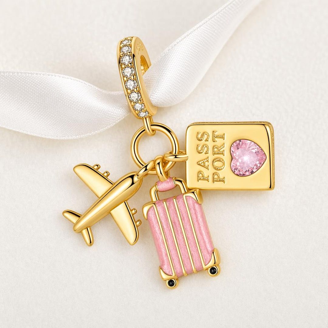 Travel Passport Charm Fits Pandora Bracelet, Pink Suitcase Plane