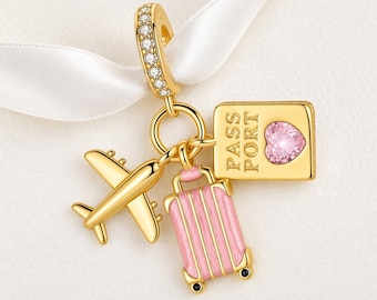 Travel Passport Charm Fits Pandora Bracelet, Pink Suitcase Plane