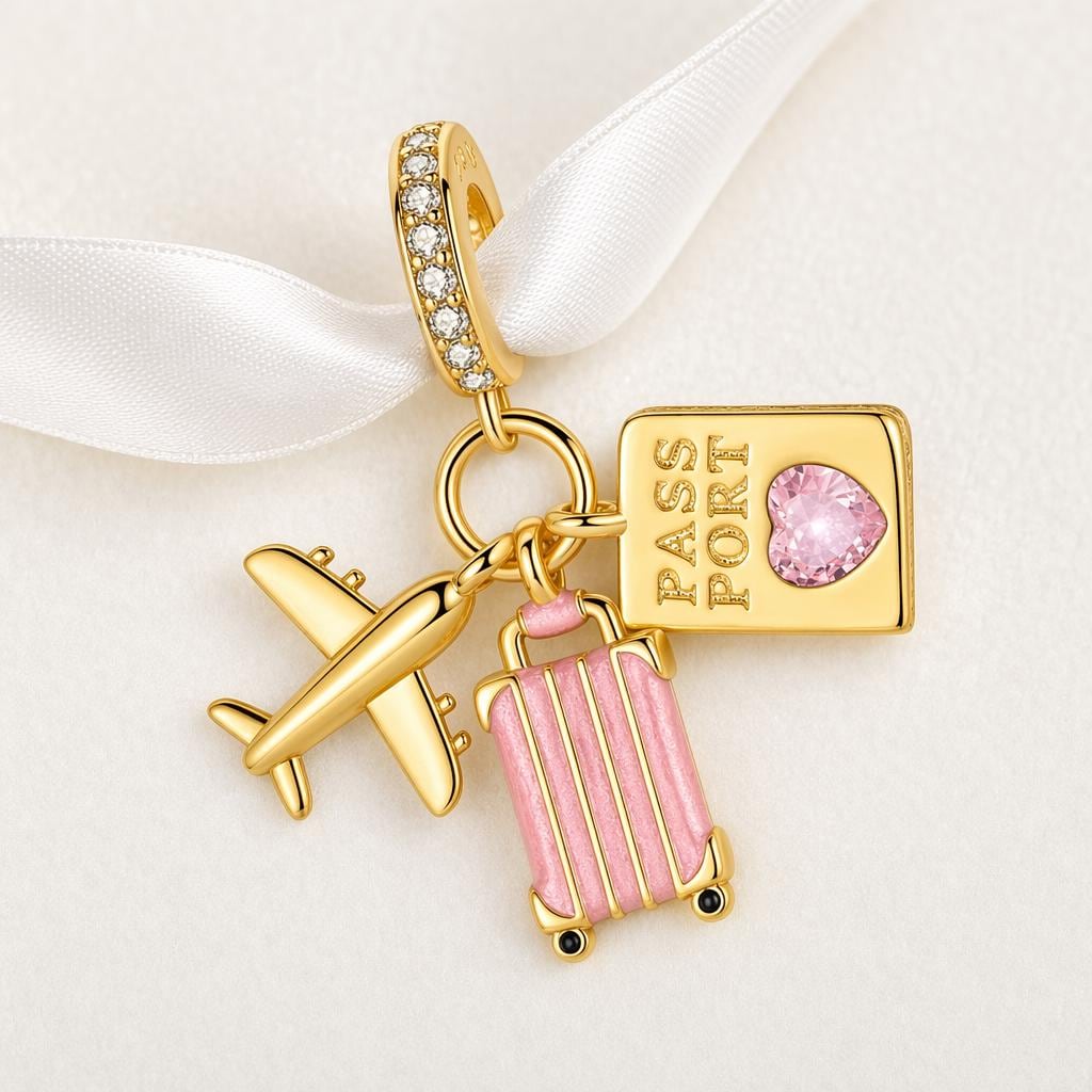 Travel Passport Charm Fits Pandora Bracelet, Pink Suitcase Plane