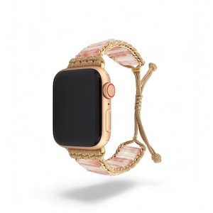 Cinturino per Apple Watch in quarzo rosa e pietra di luna fatto a mano: eleganti gioielli con pietre preziose