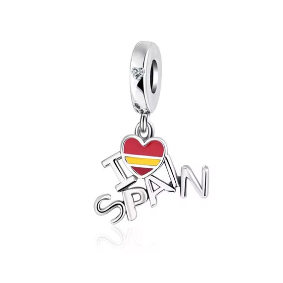 Spain Bead Fits Pandora Charm Bracelet, Spanish Flag Heart, Silver