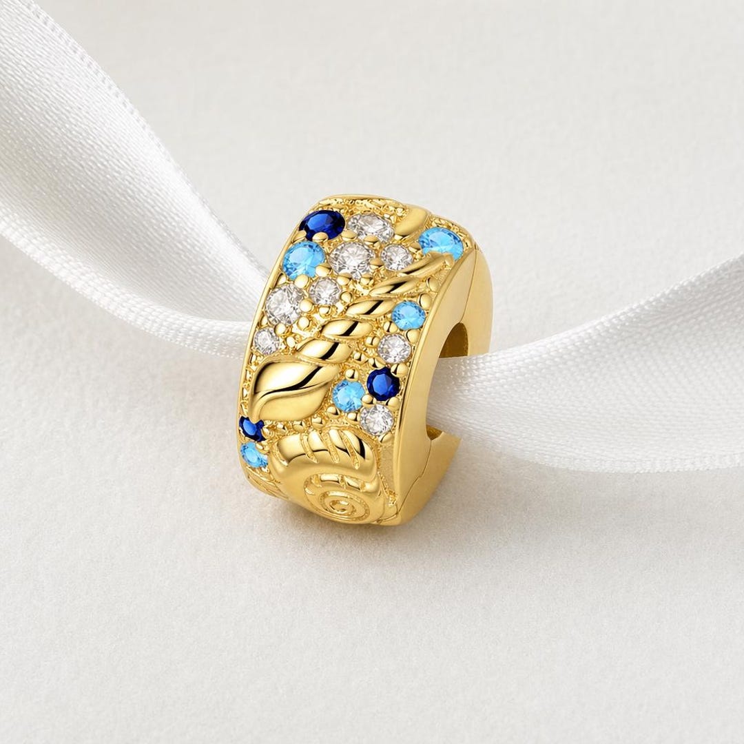 Ocean Shell Bead Fits Pandora Charm Bracelet, Gold Blue Crystal