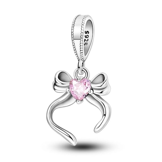 Heart Bow Bead Fits Pandora Charm Bracelet, Pink Crystal Ribbon 