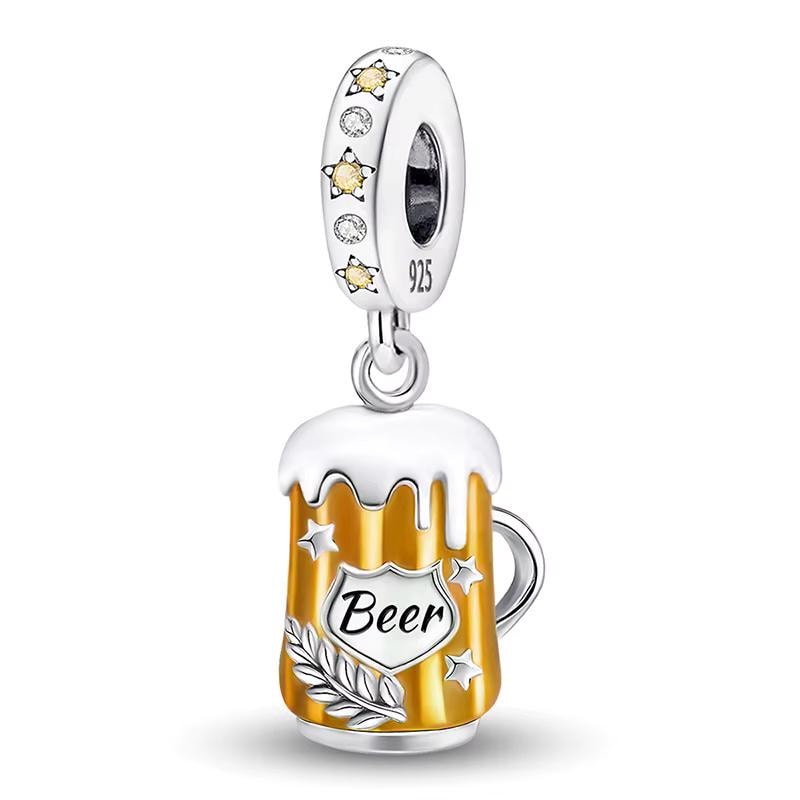 Beer Mug Bead Fits Pandora Charm Bracelet, Silver Amber Enamel