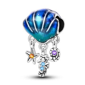 Ocean Seashell Dangle Charm, 925 Sterling Silver, Pandora Compatible, Seahorse & Starfish, Blue Enamel Beach Jewelry