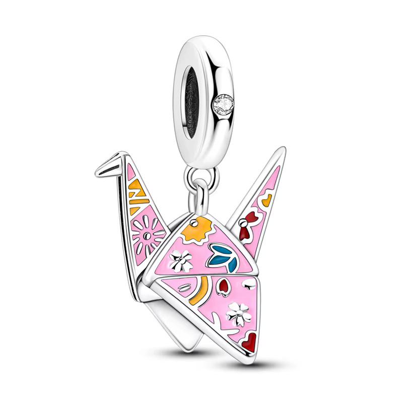 Japan Dangle Fits Pandora Charm Bracelet, Pink Origami Crane Paper