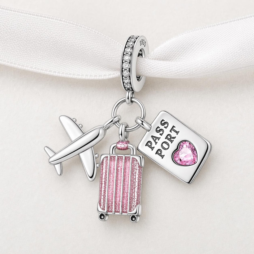 Travel Passport Charm Fits Pandora Bracelet, Pink Suitcase Plane