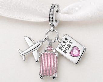 Travel Passport Charm Fits Pandora Bracelet, Pink Suitcase Plane