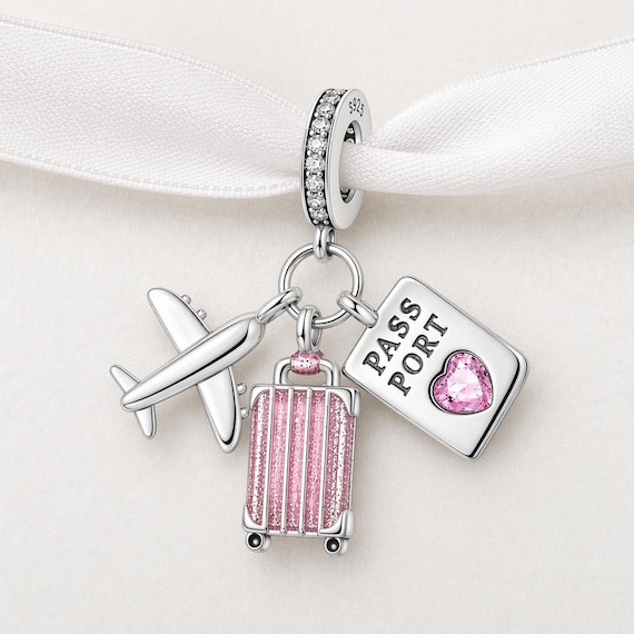 Travel Passport Charm Fits Pandora Bracelet, Pink Suitcase Plane Travel Passport Charm Fits Pandora Bracelet, Pink Suitcase Plane