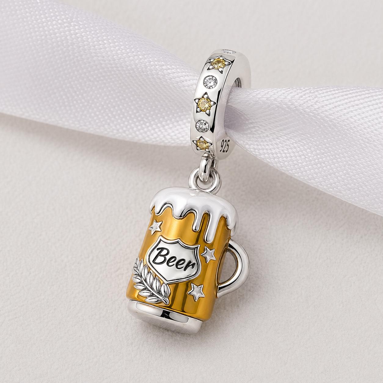 Beer Mug Bead Fits Pandora Charm Bracelet, Silver Amber Enamel