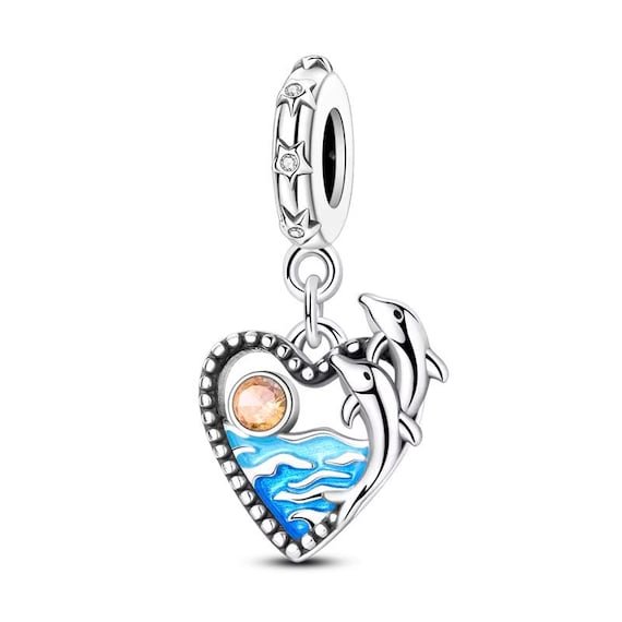 Dolphin Heart Dangle Fits Pandora Charm Bracelet, Blue Ocean