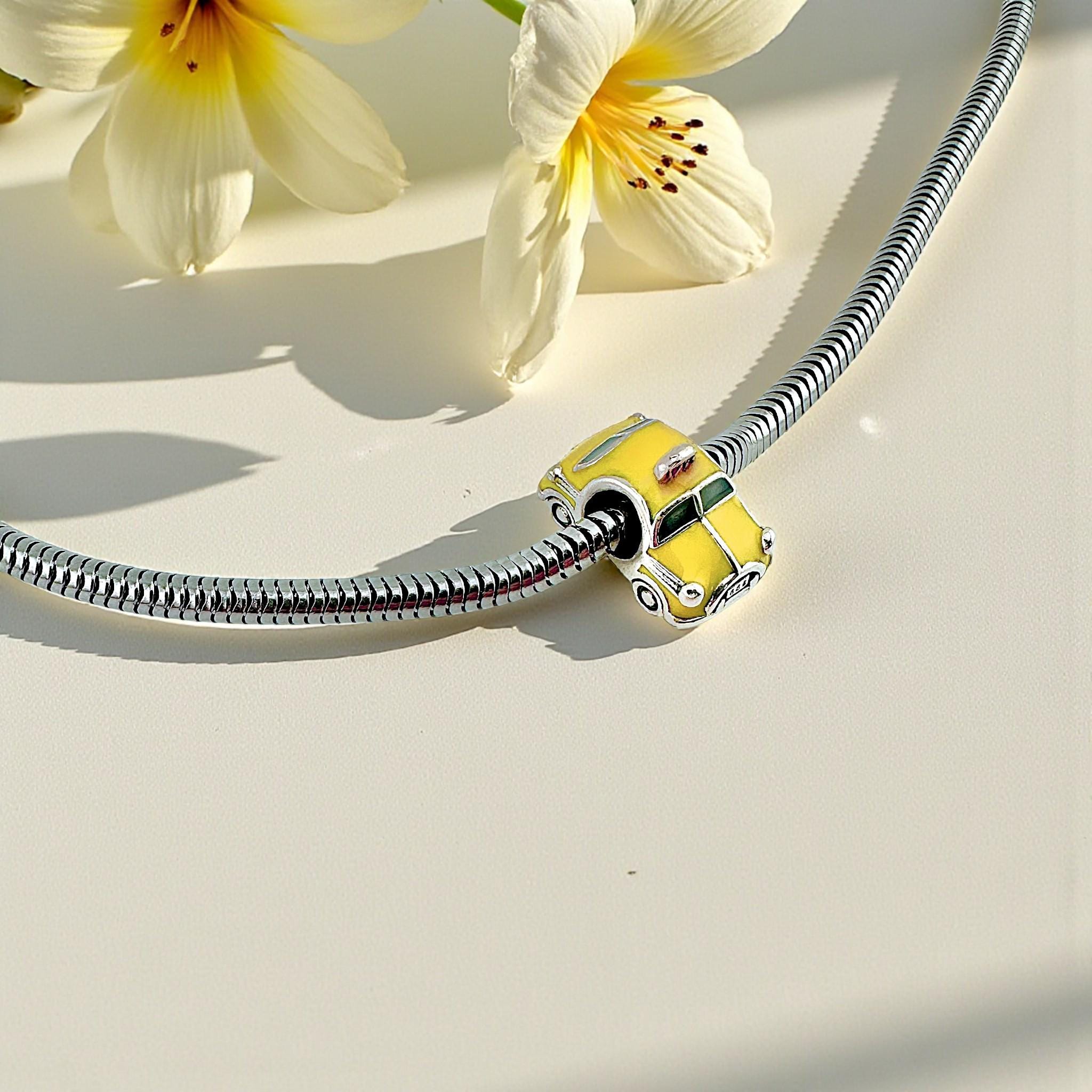 New York Taxi Bead Fits Pandora Charm Bracelet, Silver Yellow Love