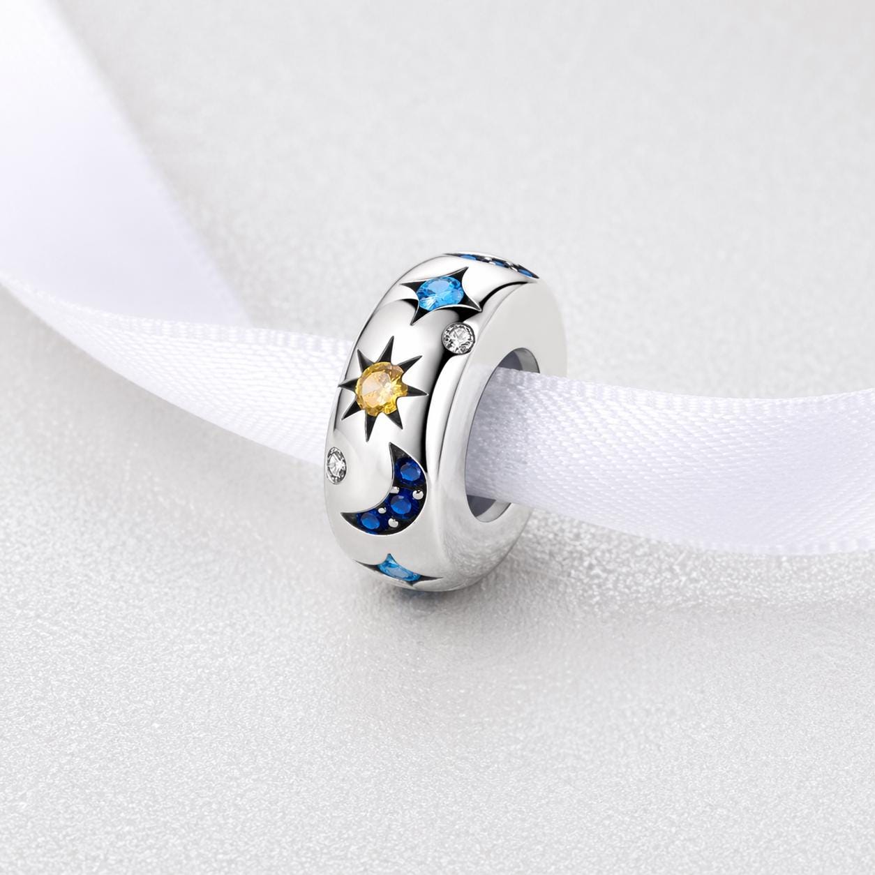 Celestial Sun Moon Star Bead Fits Pandora Charm Bracelet, Silver
