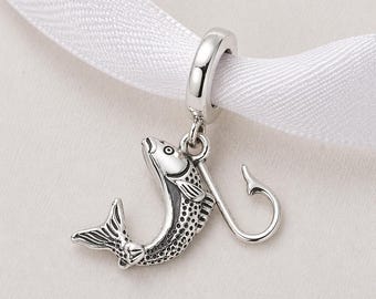 Fishing Hook Fish Bead Fits Pandora Charm Bracelet, 925 Sterling Silver Nautical, Fisherman Gift