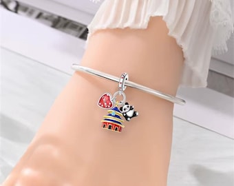 China Bead Fits Pandora Charm Bracelet, Silver Panda Pagoda Temple