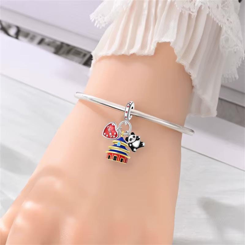 China Bead Fits Pandora Charm Bracelet, Silver Panda Pagoda Temple