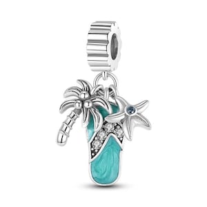 Sterling Silver Beach Dangle Charm: Flip Flop, Palm Tree & Starfish