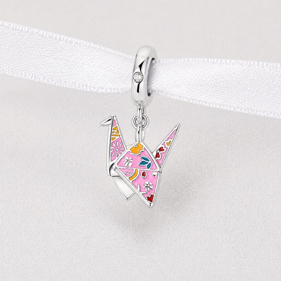 Japan Dangle Fits Pandora Charm Bracelet, Pink Origami Crane Paper