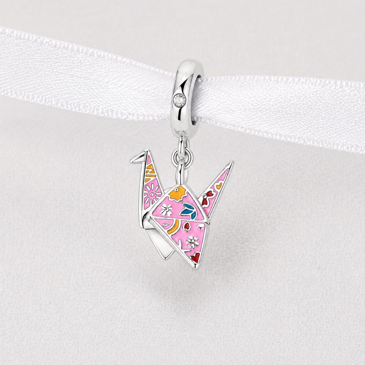 Japan Dangle Fits Pandora Charm Bracelet, Pink Origami Crane Paper