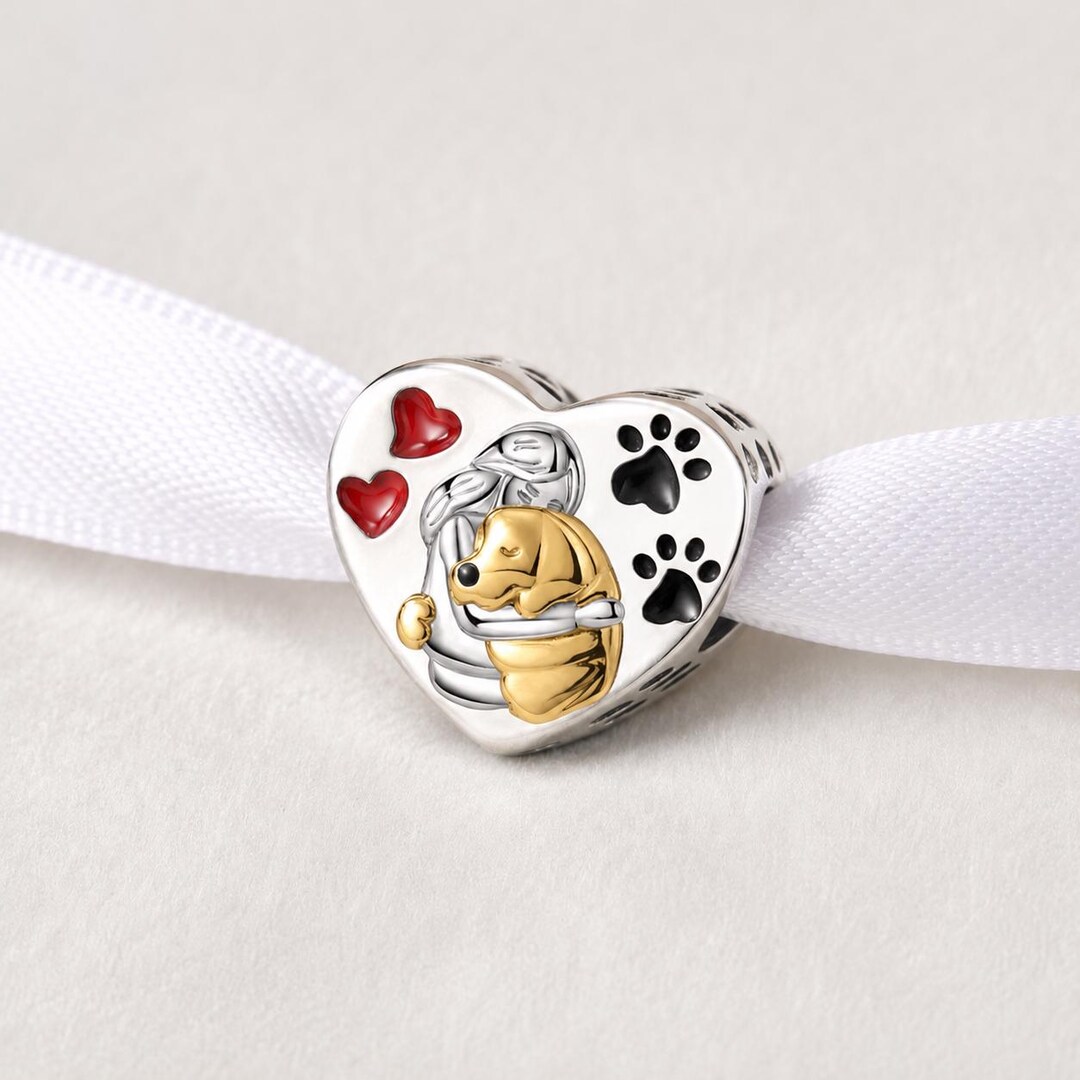 Girl Hugging Dog Heart Bead Fits Pandora Charm Bracelet, Silver