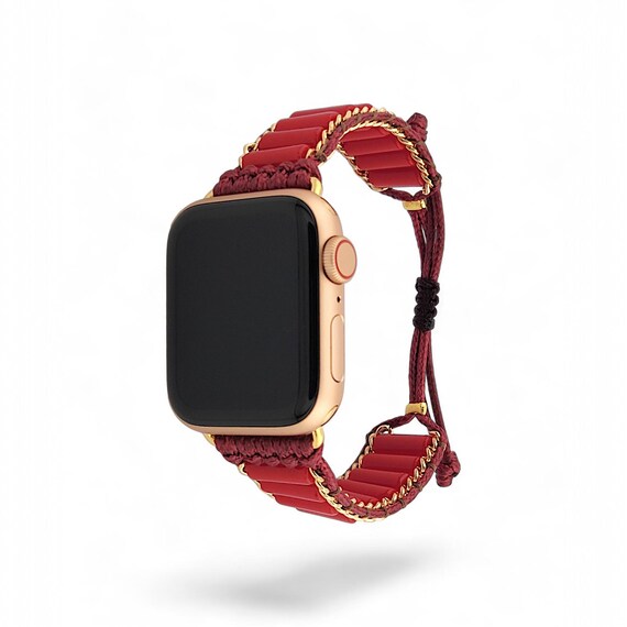 Handmade Red Jade Apple Watch Band: Bohemian Gemstone Strap for Stylish Wearable Tech Enthusiasts