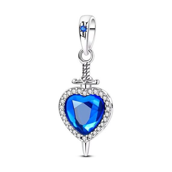 Blue Heart Dagger Bead Fits Pandora Charm Bracelet, Silver Sword