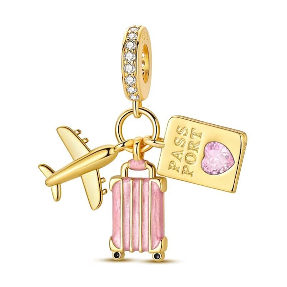 Travel Passport Charm Fits Pandora Bracelet, Pink Suitcase Plane