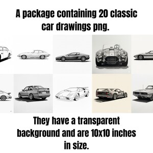Könnte beinhalten: Ein Paket mit 20 klassischen Autzeichnungen im PNG-Format. Die Zeichnungen haben einen transparenten Hintergrund und sind 25,4 x 25,4 cm groß. Das Bild zeigt verschiedene klassische Autoillustrationen in Schwarzweiß.