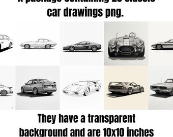 Paquete de imágenes prediseñadas de coches / 20 imágenes PNG de coches JDM, clásicos y superdeportivos (descarga digital)