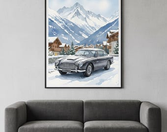 Acuarela de paisaje invernal del Aston Martin DB5 (Descarga digital)