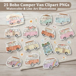 May include: A collection of 25 Boho Camper Van Clipart PNGs. The illustrations feature colorful camper vans with surfboards, flowers, and other decorative elements. The vans are in various colors, including pink, blue, yellow, and orange. The text at the top says "25 Boho Camper Van Clipart PNGs".