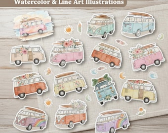 Paquete de imágenes prediseñadas de estilo bohemio pastel con gráficos de furgonetas de playa (descarga digital)