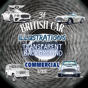 May include: A collection of 31 British car illustrations with transparent backgrounds. The illustrations are free for commercial use. The illustrations include a white Bentley, a silver Aston Martin, and a white Land Rover.