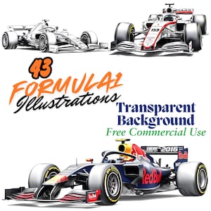 Digital product with 43 different Formula 1 vehicle drawings, artistic watercolor and pencil designs for unique automotive gifts.