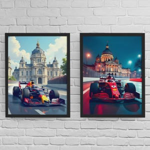 Puede incluir: Dos impresiones enmarcadas que representan coches de carreras de Fórmula 1. Una muestra un coche rojo y amarillo corriendo frente a un edificio bajo un cielo azul. La otra muestra un coche rojo corriendo de noche frente a un edificio.