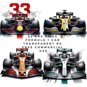 Könnte beinhalten: Vier Formel-1-Rennwagen, jeder mit einer anderen Lackierung. Die Autos sind rot und weiß, gelb und schwarz, orange und schwarz sowie silber und grün. Die Autos befinden sich auf einem weißen Hintergrund mit einem Aquarelleffekt.