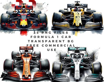Watercolor Formula Car Clipart Bundle: 25 F1 Racing PNG Images