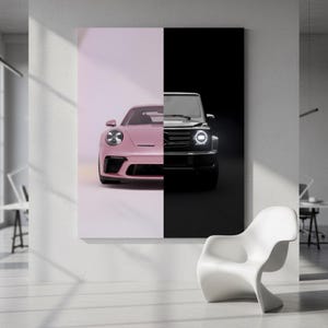 May include: A canvas print featuring a split design with a pink sports car on the left and a black SUV on the right. The background is divided, with a light pink on the left and black on the right.