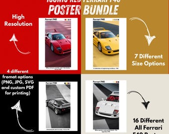 Paquete de pósteres del Ferrari F40: impresiones de coches deportivos retro (descarga digital)