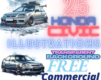 Clipart de acuarela del Honda Civic JDM: Arte mural de coches (descarga digital)