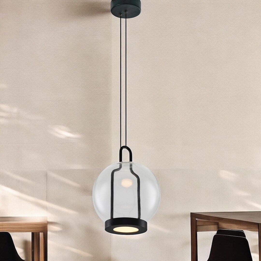 Modern Globe Pendant Light Clear Glass & Black Metal Frame Hanging Lamp Modern Globe Pendant Light Clear Glass & Black Metal Frame Hanging Lamp