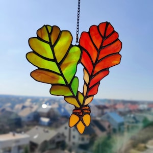 Stained Glass Two Oak Leaves Window Decoration