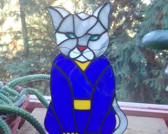 Stained Glass Cat Figurine: Handmade Japanese Kimono Art Decor