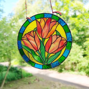 Tulip Stained Glass Suncatcher – Unique Handmade Gift – Colorful Floral Window Art – Flower Panel for Birthday or Home Accent