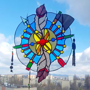 Stained Glass Hanging Window Panel Large  Ornament with Two Feathers Suncatcher Home decoration handmade