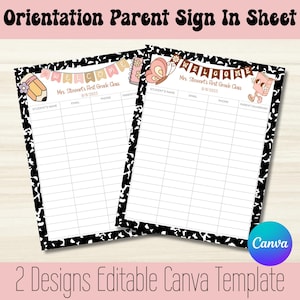 May include: Two orientation parent sign-in sheets with a black and white speckled border. The sheets have a welcome banner and space for student name, email, phone, and parent/guardian information. The text reads "Mrs. Stewart's First Grade Class 8/8/2025".