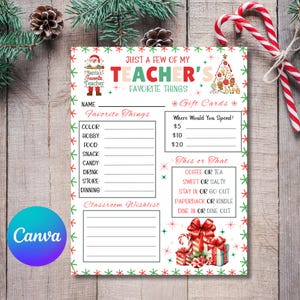 EDITIERBARE Fragebogen Vorlage für einige der Lieblingssachen meines Lehrers | Lehrer Weihnachten