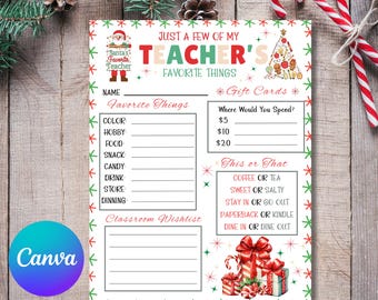 May include: A printable Christmas gift wish list for a teacher. The list includes sections for favorite things, gift cards, and this or that. The design features a red and green Christmas theme with stars, candy canes, and presents.
