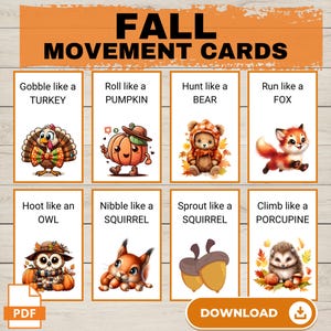 May include: A set of eight printable autumn-themed movement cards featuring various animals. Each card has a colourful illustration of an animal and a corresponding action phrase, such as "Gobble like a Turkey" or "Hoot like an Owl".