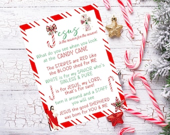 May include: A red and white striped candy cane with a green and white text overlay. The text reads "Jesus is the reason for the season! What do you see when you look at the candy cane? The stripes are red like the blood shed for me. White is for my savior who's sinless and pure. Is for Jesus, my lord, that's for sure! Turn it around and a staff you will see. Jesus the good shepherd was born for you and me."